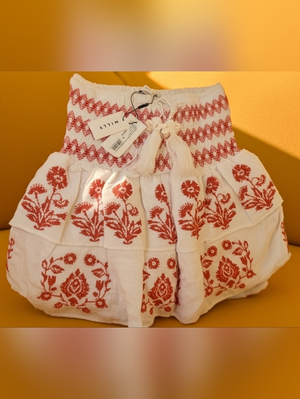 Milly White Mini Skirt Red Embroidered Detail and Shell Tassels